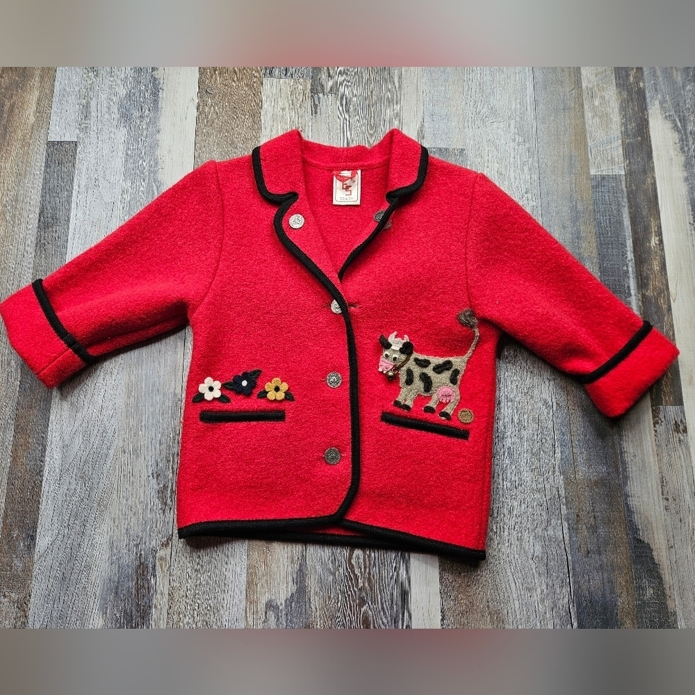 Elegance Seiler Red Jacket Cardigan Vintage Wool Cow Graphic
